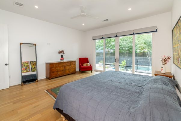 Bedroom, Interior, Recessed Lighting, Water, Wood Texture Flooring