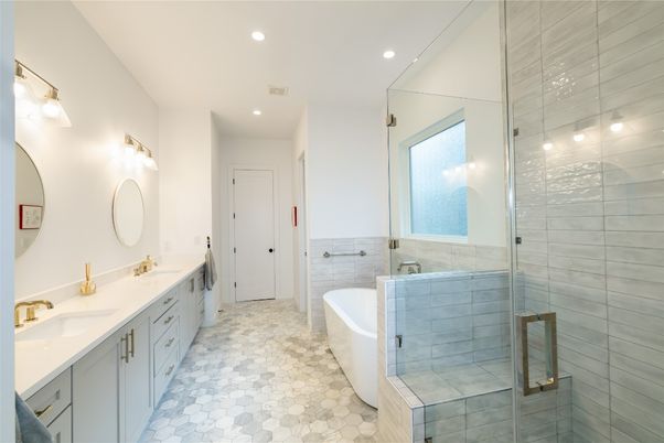 Bathroom, Dual Sink Vanities, Free Standing Baths, Glass Shower, Interior, Recessed Lighting