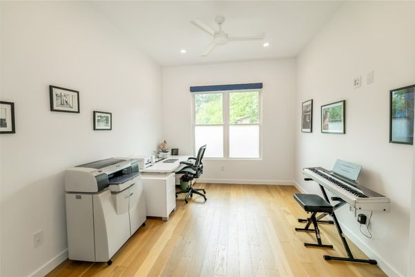 Home Office, Interior, Piano, Recessed Lighting, Wood Texture Flooring