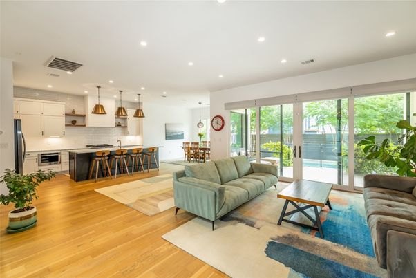 Dining room, Interior, Kitchen, Living room, Pendant Lights, Recessed Lighting, Stainless Steel Appliances, Wood Texture Flooring
