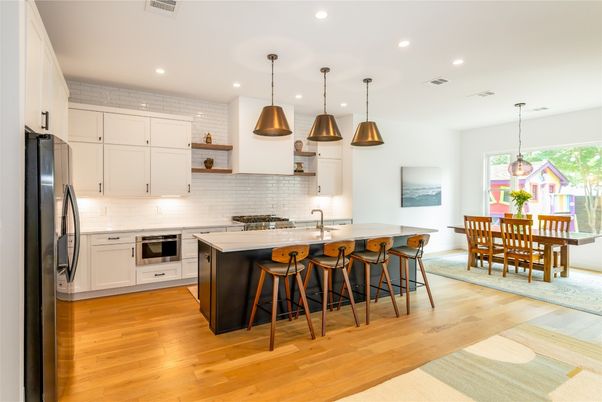 Dining room, Interior, Kitchen, Pendant Lights, Recessed Lighting, Stainless Steel Appliances, Wood Texture Flooring