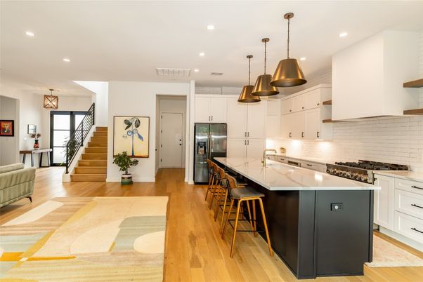 Interior, Kitchen, Pendant Lights, Recessed Lighting, Stainless Steel Appliances, Wood Texture Flooring