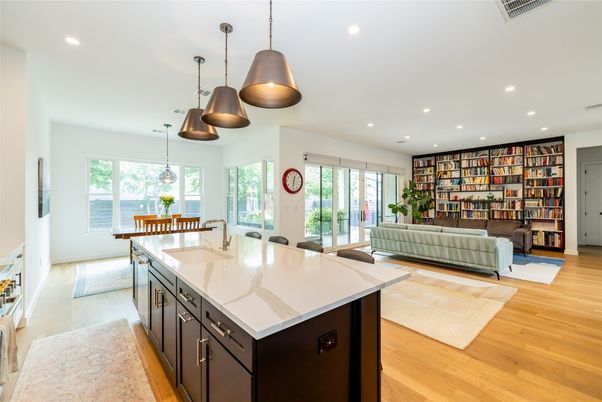 Dining room, Interior, Kitchen, Living room, Pendant Lights, Recessed Lighting, Wood Texture Flooring