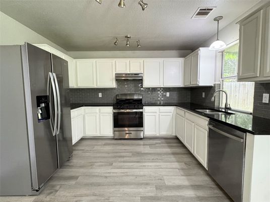 Interior, Kitchen, Pendant Lights, Stainless Steel Appliances, Wood Texture Flooring