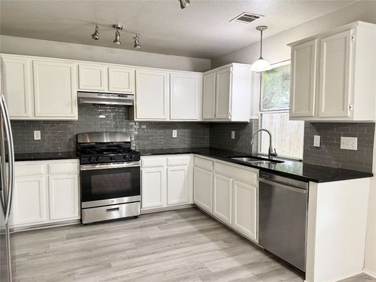 Interior, Kitchen, Pendant Lights, Stainless Steel Appliances, Wood Texture Flooring