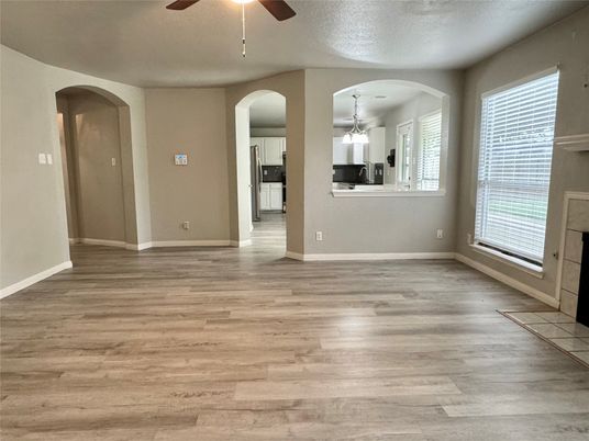 Empty room, Interior, Kitchen, Pendant Lights, Wood Texture Flooring