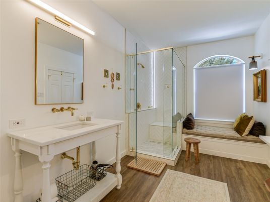 Bathroom, Glass Shower, Interior, Wood Texture Flooring