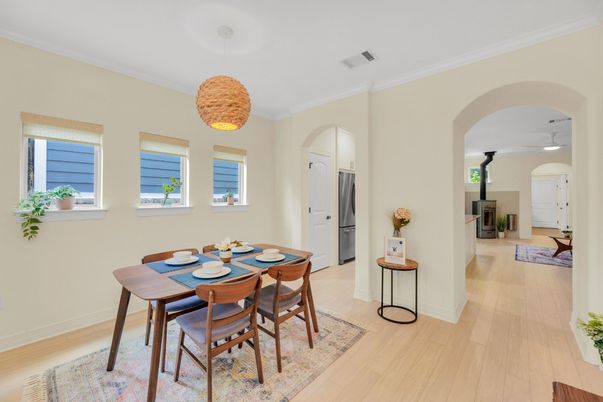 Dining room, Fireplace, Interior, Pendant Lights, Wood Texture Flooring