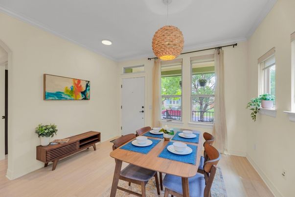 Dining room, Interior, Pendant Lights, Recessed Lighting, Wood Texture Flooring