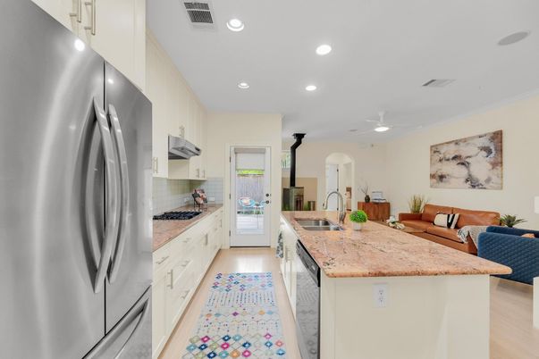 Interior, Kitchen, Living room, Recessed Lighting, Wood Texture Flooring
