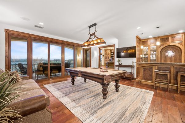 Billiard Table, Game Room, Interior, Pendant Lights, Recessed Lighting, Water, Wood Texture Flooring
