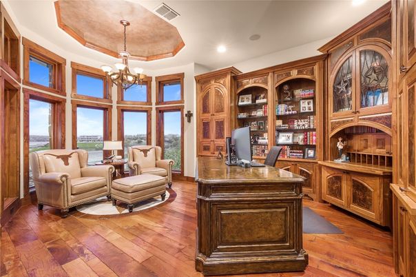 Chandelier, Home Office, Interior, Recessed Lighting, Wood Texture Flooring