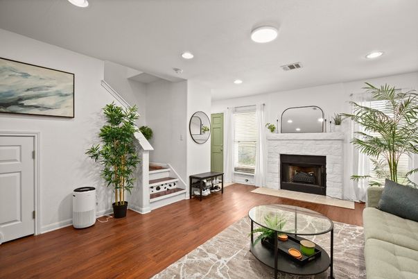 Fireplace, Interior, Living room, Recessed Lighting, Wood Texture Flooring