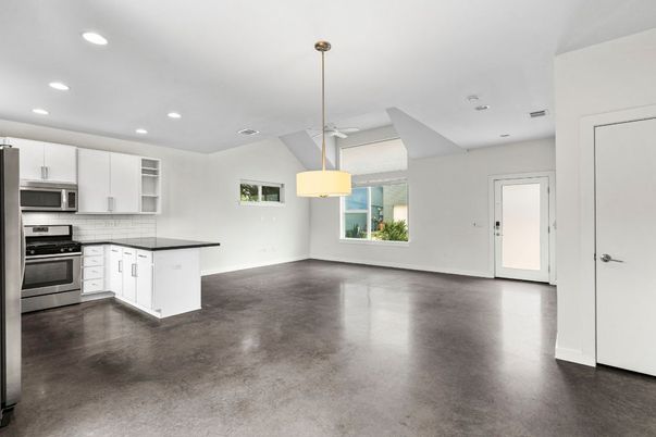 Empty room, Interior, Kitchen, Pendant Lights, Recessed Lighting, Stainless Steel Appliances