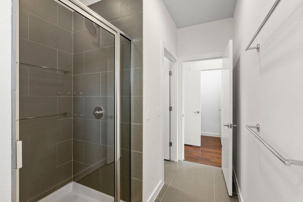 Bathroom, Glass Shower, Interior, Wood Texture Flooring