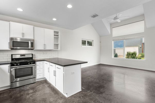 Empty room, Interior, Kitchen, Recessed Lighting, Stainless Steel Appliances