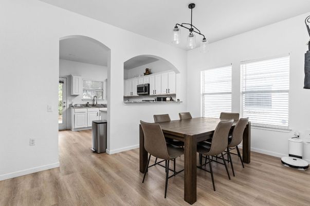 Dining room, Interior, Kitchen, Pendant Lights, Wood Texture Flooring