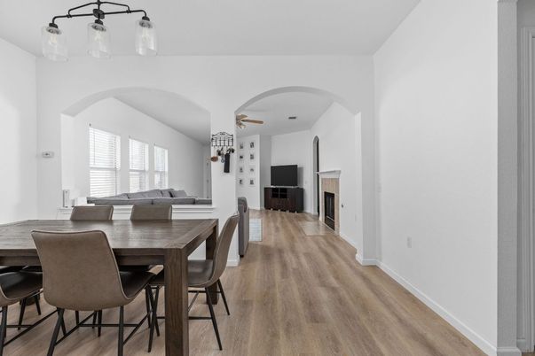 Dining room, Fireplace, Interior, Wood Texture Flooring