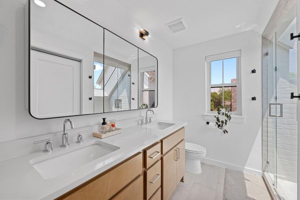 Bathroom, Dual Sink Vanities, Glass Shower, Interior, Recessed Lighting