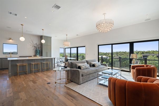 Chandelier, Interior, Kitchen, Living room, Pendant Lights, Recessed Lighting, Wood Texture Flooring
