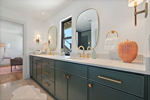 Bathroom, Dual Sink Vanities, Interior, Recessed Lighting, Wood Texture Flooring