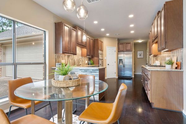 Dining room, Interior, Kitchen, Pendant Lights, Recessed Lighting, Wood Texture Flooring