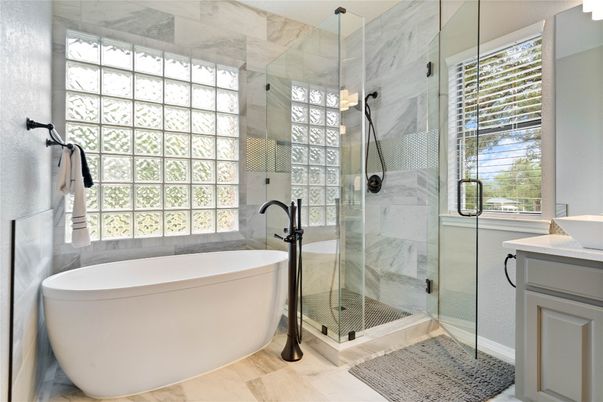Bathroom, Free Standing Baths, Glass Shower, Interior, Marble Walls