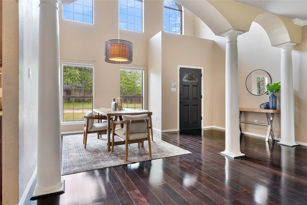 Dining room, Interior, Pendant Lights, Wood Texture Flooring