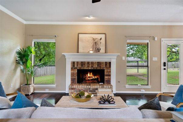Fireplace, Interior, Living room, Recessed Lighting, Wood Texture Flooring