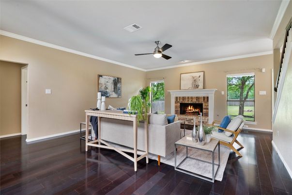 Fireplace, Interior, Living room, Recessed Lighting, Wood Texture Flooring