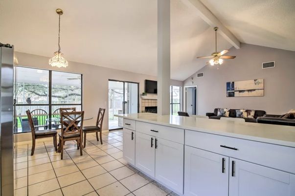 Dining room, Fireplace, Interior, Kitchen, Living room, Pendant Lights