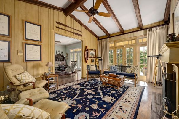 Dining room, Fireplace, Interior, Living room, Wooden Beams, Wood Texture Flooring, Wooden Walls