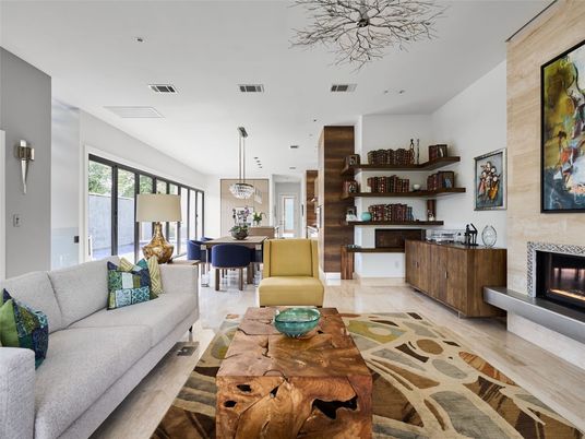 Dining room, Fireplace, Interior, Living room, Pendant Lights, Recessed Lighting, Wood Texture Flooring