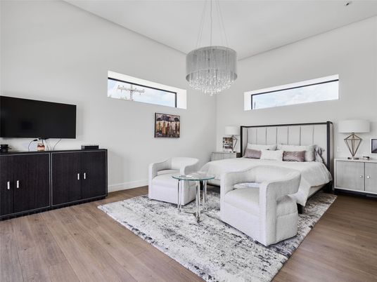 Bedroom, Chandelier, Interior, Wood Texture Flooring