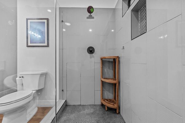 Bathroom, Glass Shower, Interior, Wood Texture Flooring