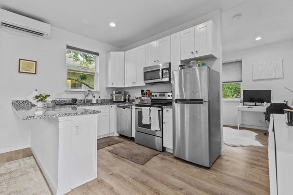 Interior, Kitchen, Recessed Lighting, Stainless Steel Appliances, Wood Texture Flooring
