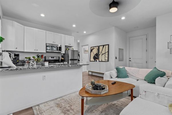 Interior, Kitchen, Living room, Recessed Lighting, Stainless Steel Appliances, Wood Texture Flooring
