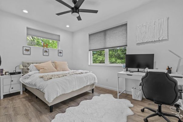Bedroom, Home Office, Interior, Recessed Lighting, Wood Texture Flooring