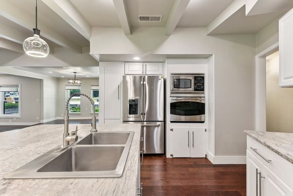 Interior, Kitchen, Pendant Lights, Recessed Lighting, Stainless Steel Appliances, Wood Texture Flooring