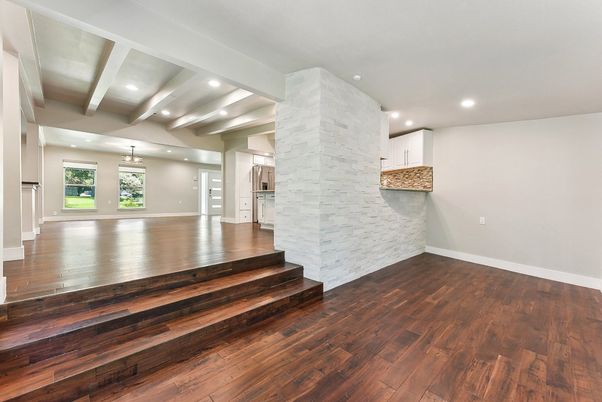 Empty room, Interior, Kitchen, Pendant Lights, Recessed Lighting, Wood Texture Flooring