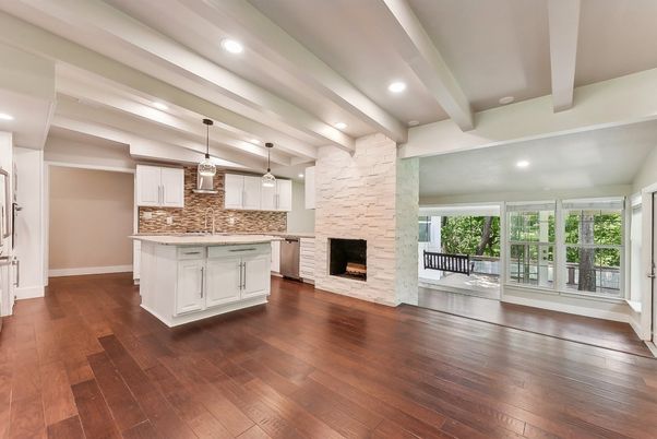 Fireplace, Interior, Kitchen, Pendant Lights, Recessed Lighting, Stone Walls, Wood Texture Flooring