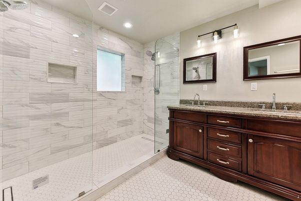 Bathroom, Glass Shower, Interior, Marble Walls, Recessed Lighting