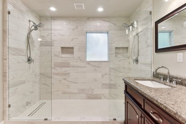 Bathroom, Glass Shower, Interior, Marble Walls, Recessed Lighting