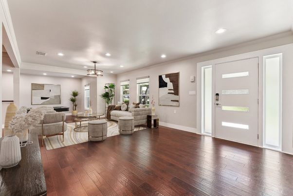 Interior, Living room, Pendant Lights, Recessed Lighting, Wood Texture Flooring