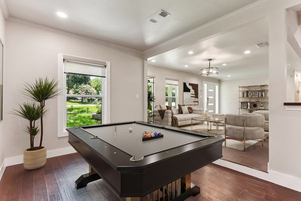 Billiard Table, Game Room, Interior, Living room, Pendant Lights, Recessed Lighting, Wood Texture Flooring
