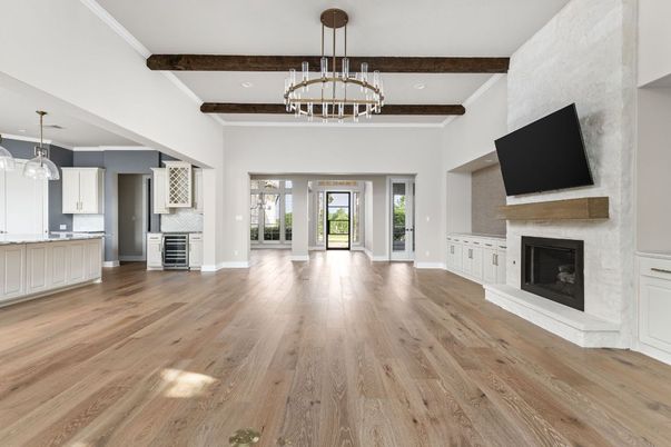 Empty room, Fireplace, Interior, Kitchen, Pendant Lights, Wooden Beams, Wood Texture Flooring