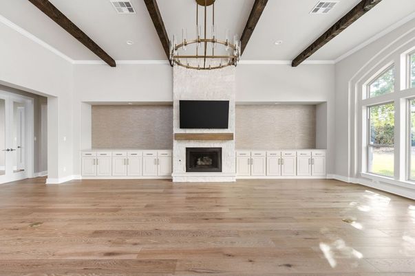 Empty room, Fireplace, Interior, Pendant Lights, Recessed Lighting, Wooden Beams, Wood Texture Flooring