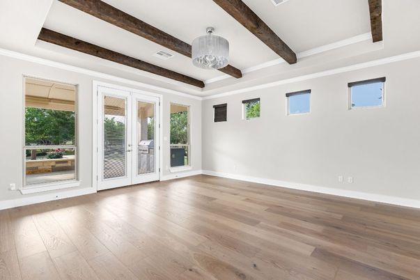 Chandelier, Empty room, Interior, Recessed Lighting, Wooden Beams, Wood Texture Flooring