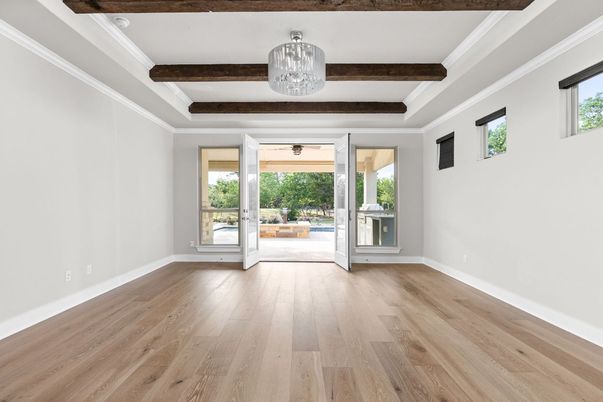 Chandelier, Empty room, Interior, Wooden Beams, Wood Texture Flooring
