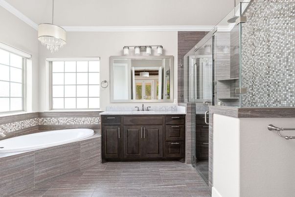 Bathroom, Dual Sink Vanities, Glass Shower, Interior, Pendant Lights